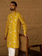 Men Yellow Viscose Rayon Solid Embroidered Straight Kurta with Trouser-MKSET1703