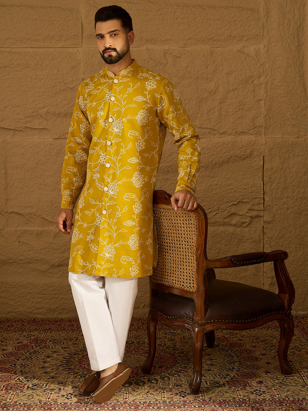 Men Yellow Viscose Rayon Solid Embroidered Straight Kurta with Trouser-MKSET1703