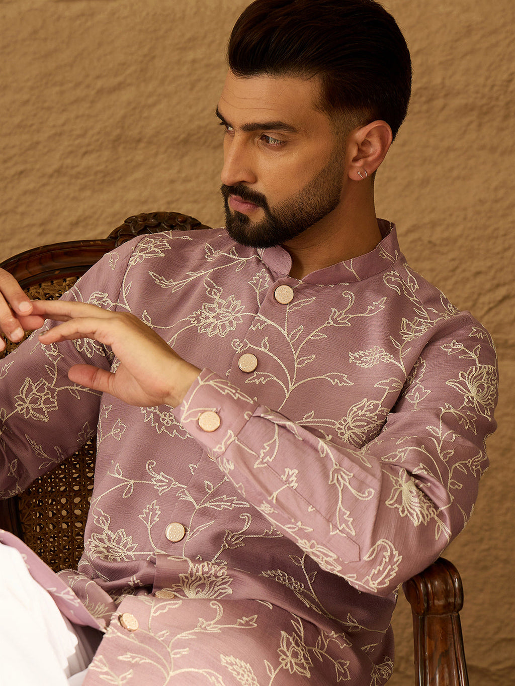 Men Lavender Viscose Rayon Solid Embroidered Straight Kurta with Trouser-MKSET1704
