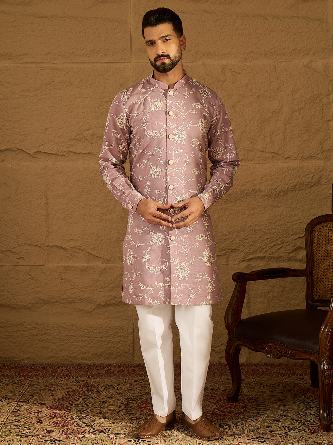 Men Lavender Viscose Rayon Solid Embroidered Straight Kurta with Trouser-MKSET1704