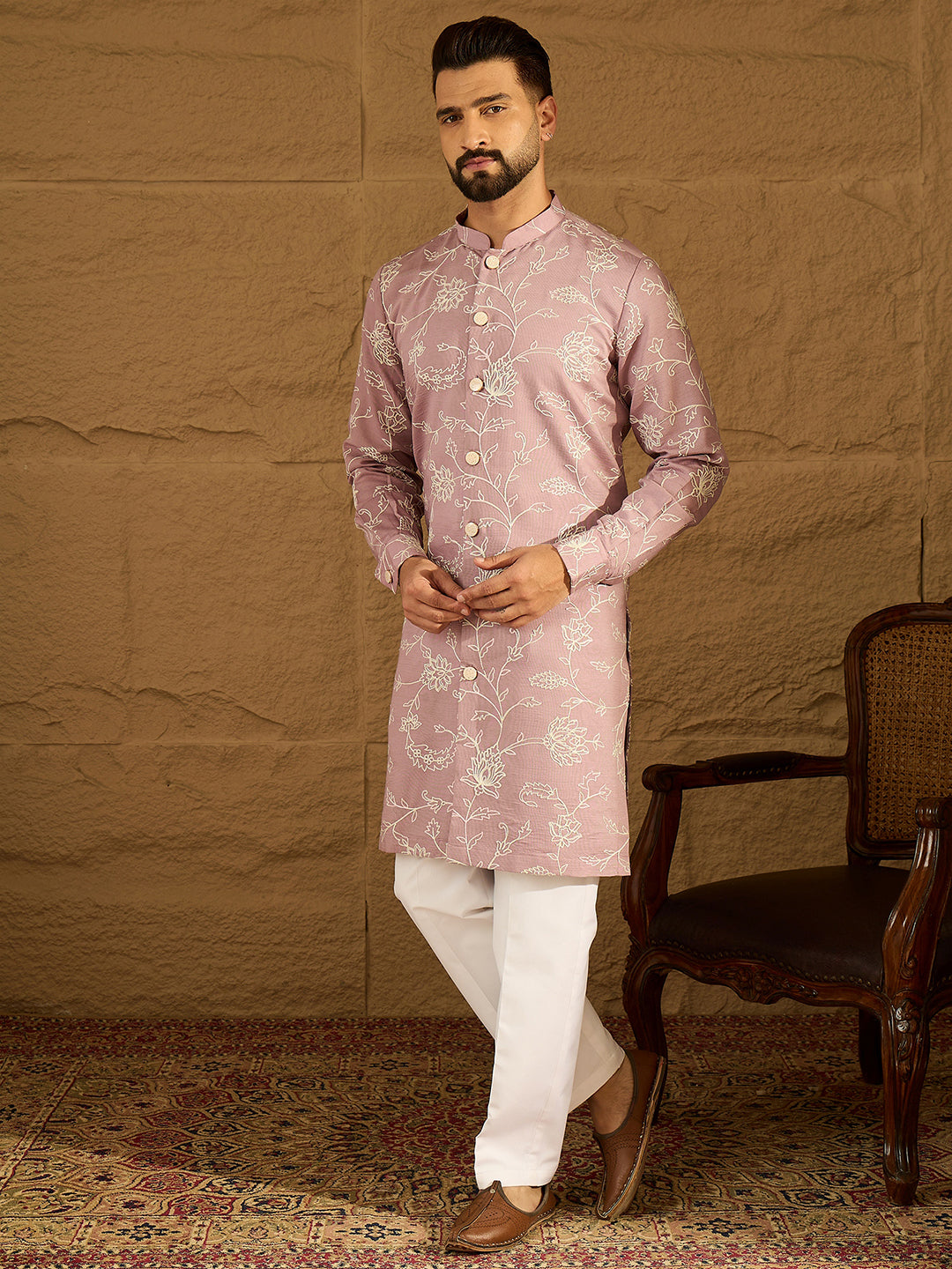Men Lavender Viscose Rayon Solid Embroidered Straight Kurta with Trouser-MKSET1704