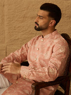 Men Peach Viscose Rayon Solid Embroidered Straight Kurta with Trouser-MKSET1705