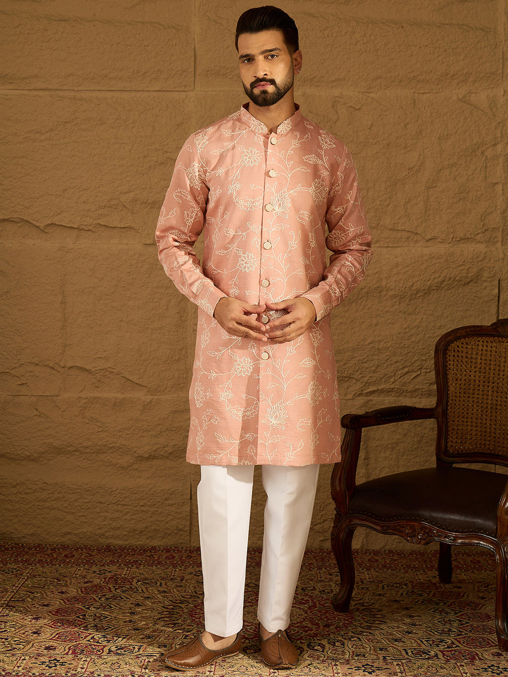 Men Peach Viscose Rayon Solid Embroidered Straight Kurta with Trouser-MKSET1705