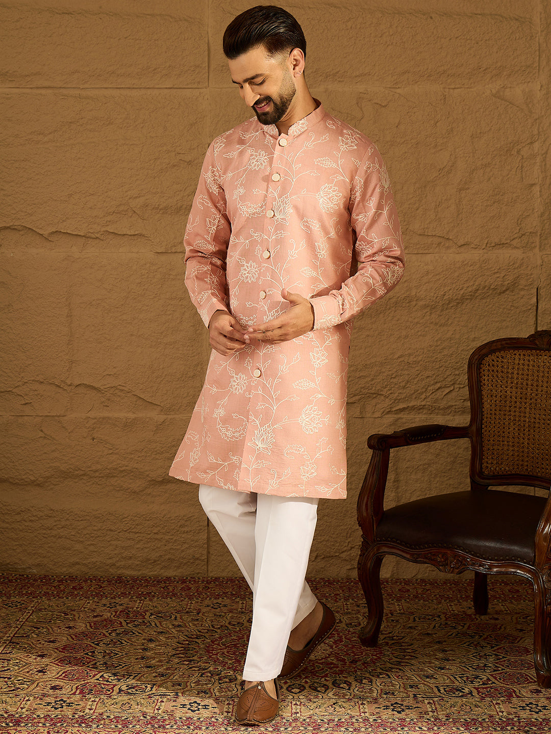 Men Peach Viscose Rayon Solid Embroidered Straight Kurta with Trouser-MKSET1705