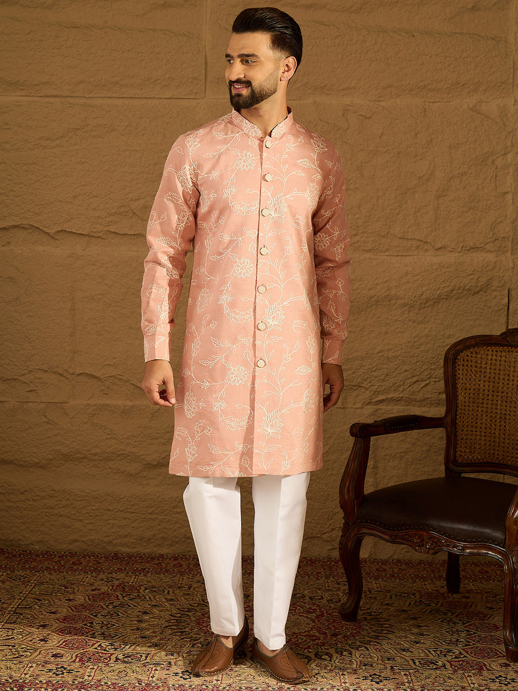 Men Peach Viscose Rayon Solid Embroidered Straight Kurta with Trouser-MKSET1705
