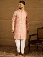 Men Peach Viscose Rayon Solid Embroidered Straight Kurta with Trouser-MKSET1705