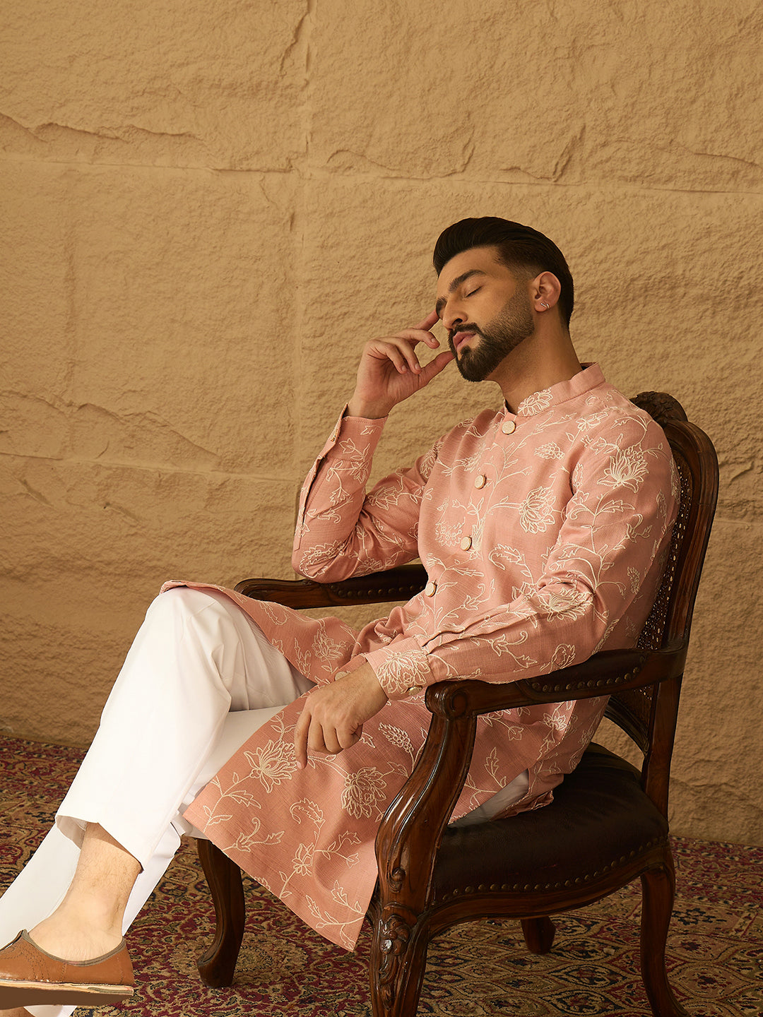 Men Peach Viscose Rayon Solid Embroidered Straight Kurta with Trouser-MKSET1705