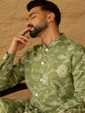 Men Green Viscose Rayon Solid Embroidered Straight Kurta with Trouser-MKSET1706