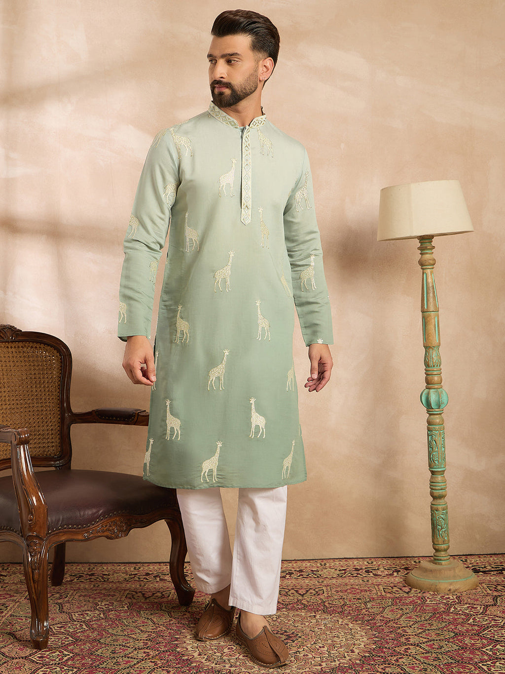 Men Blue Silk Blend Ombre Embroidered Straight Kurta Sets-MKSET1707