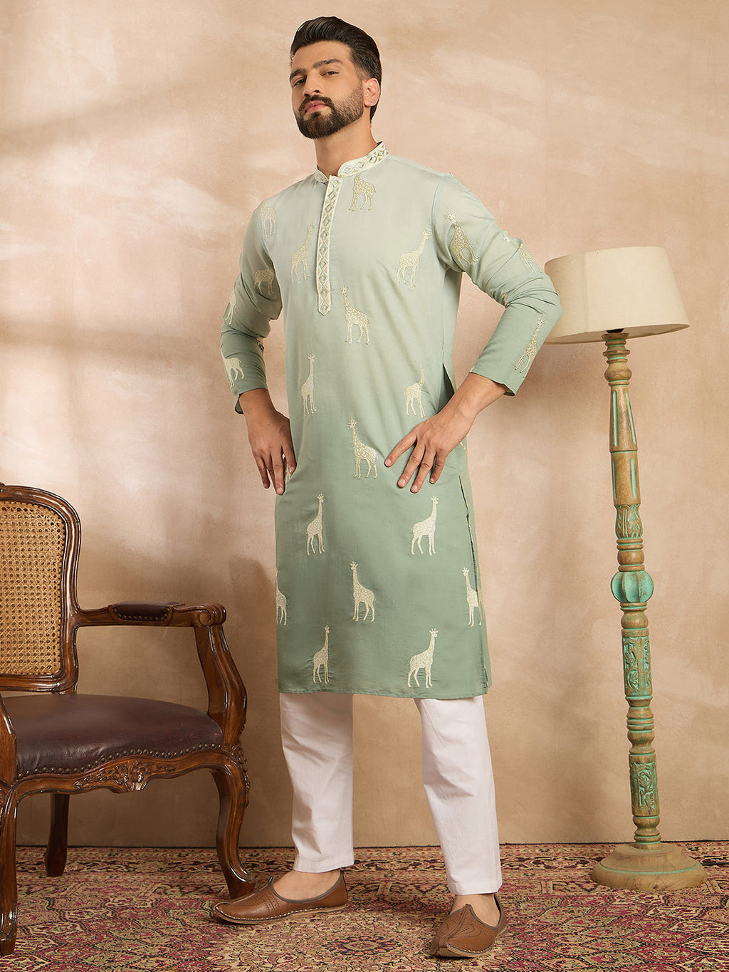 Men Blue Silk Blend Ombre Embroidered Straight Kurta Sets-MKSET1707