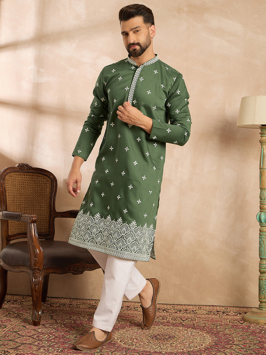 Men Green Silk Blend Solid Embroidered Straight Kurta Sets-MKSET1711