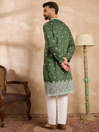 Men Green Silk Blend Solid Embroidered Straight Kurta Sets-MKSET1711