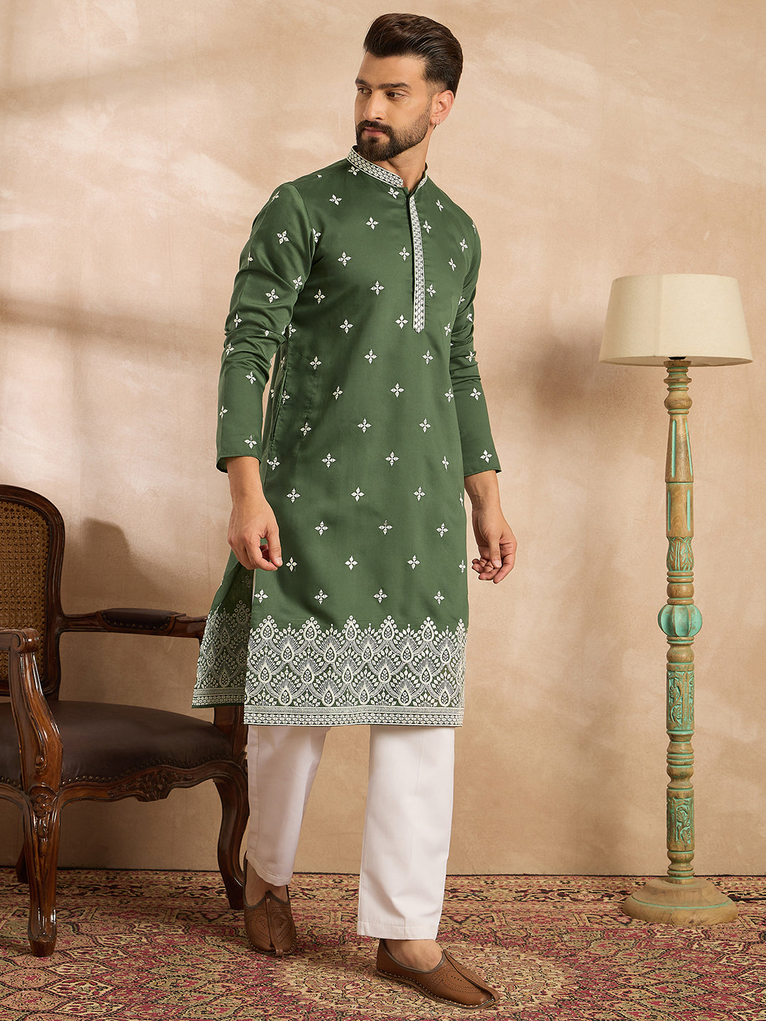 Men Green Silk Blend Solid Embroidered Straight Kurta Sets-MKSET1711