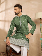 Men Green Silk Blend Solid Embroidered Straight Kurta Sets-MKSET1711