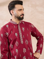 Men Maroon Silk Blend Solid Embroidered Straight Kurta With Trouser-MKSET1712