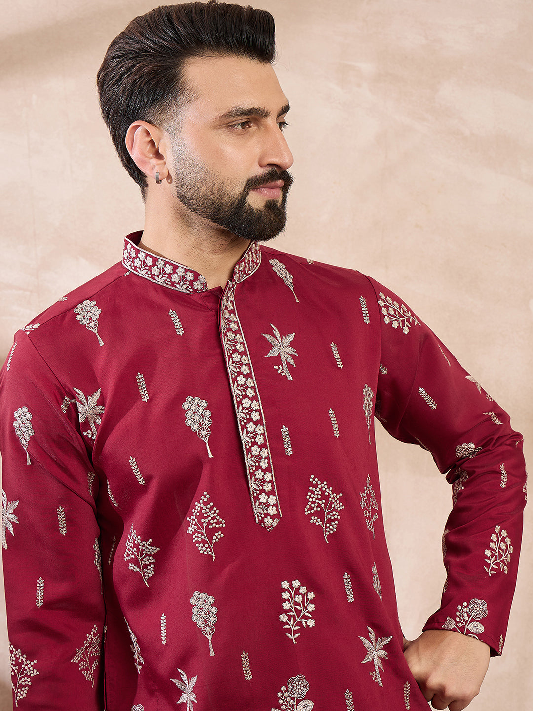 Men Maroon Silk Blend Solid Embroidered Straight Kurta With Trouser-MKSET1712