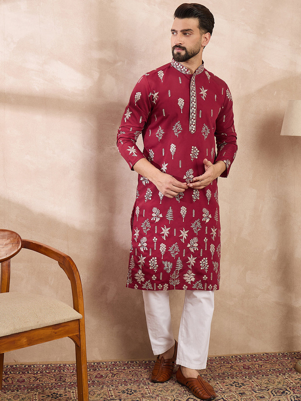 Men Maroon Silk Blend Solid Embroidered Straight Kurta With Trouser-MKSET1712
