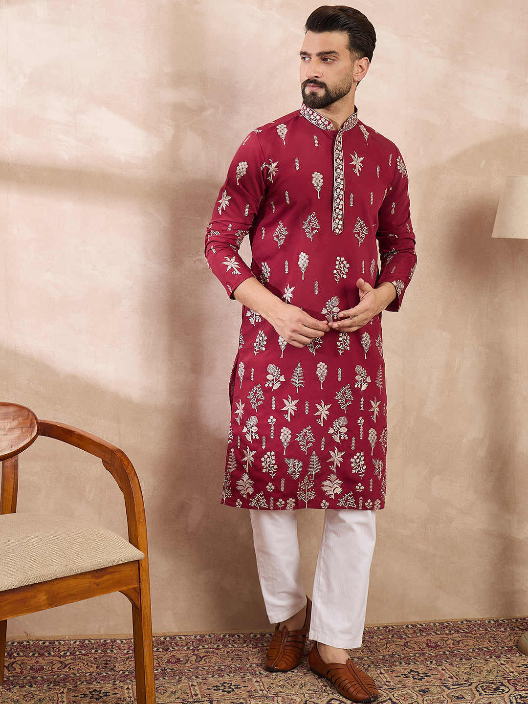 Men Maroon Silk Blend Solid Embroidered Straight Kurta With Trouser-MKSET1712