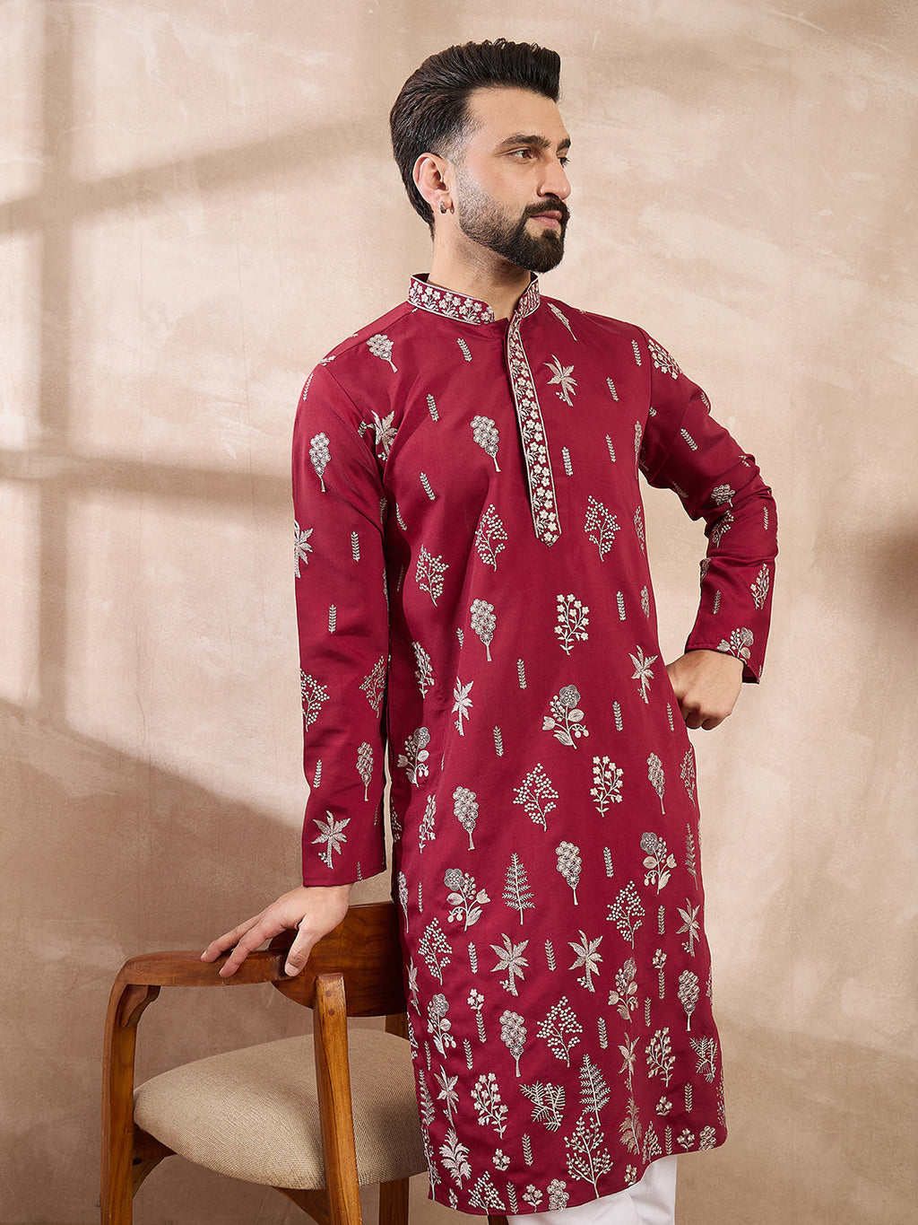 Men Maroon Silk Blend Solid Embroidered Straight Kurta With Trouser-MKSET1712
