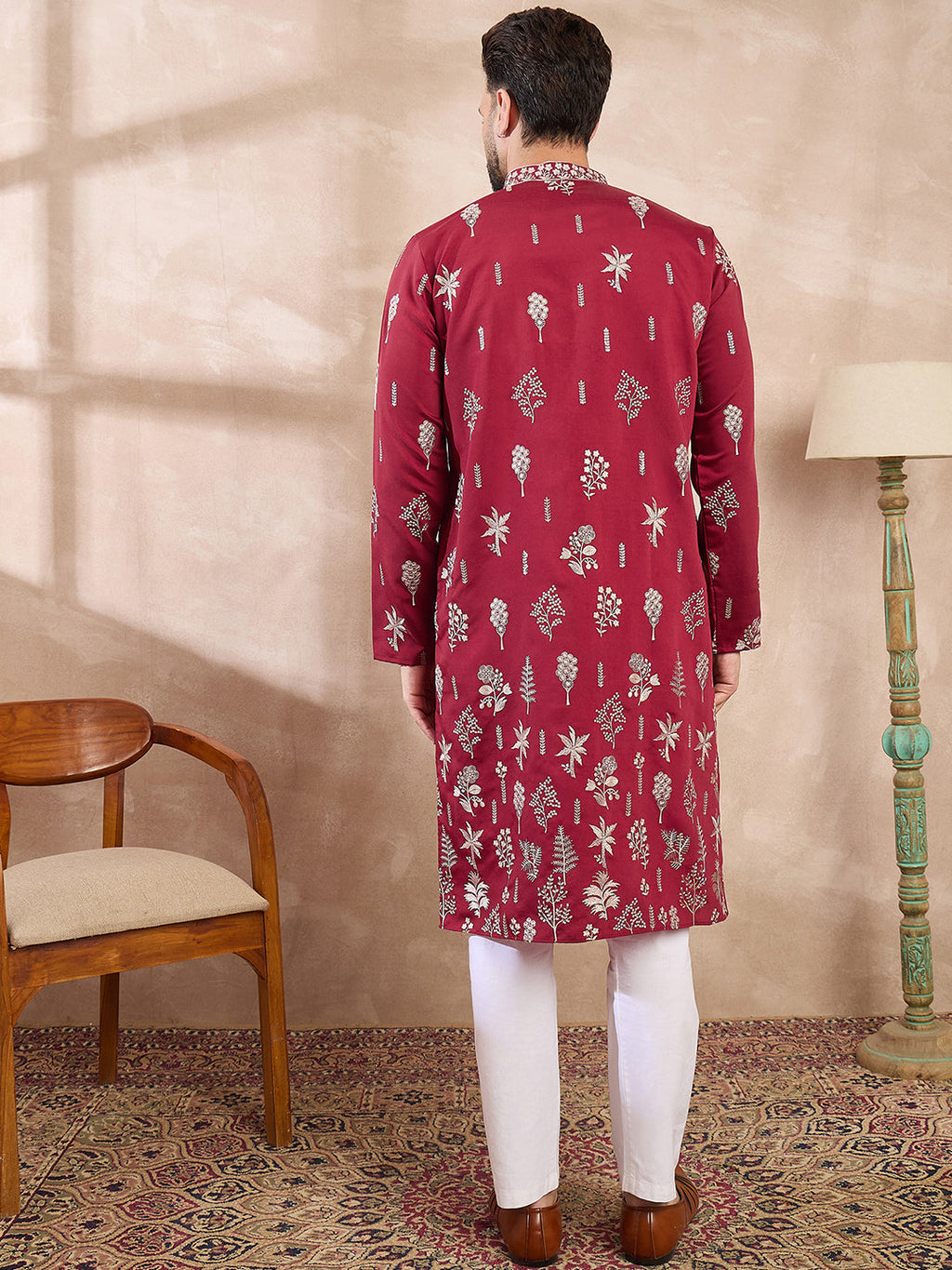 Men Maroon Silk Blend Solid Embroidered Straight Kurta With Trouser-MKSET1712