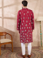Men Maroon Silk Blend Solid Embroidered Straight Kurta With Trouser-MKSET1712