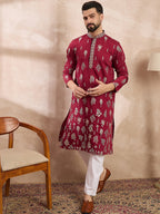 Men Maroon Silk Blend Solid Embroidered Straight Kurta With Trouser-MKSET1712