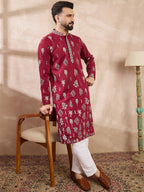Men Maroon Silk Blend Solid Embroidered Straight Kurta With Trouser-MKSET1712