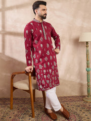 Men Maroon Silk Blend Solid Embroidered Straight Kurta With Trouser-MKSET1712