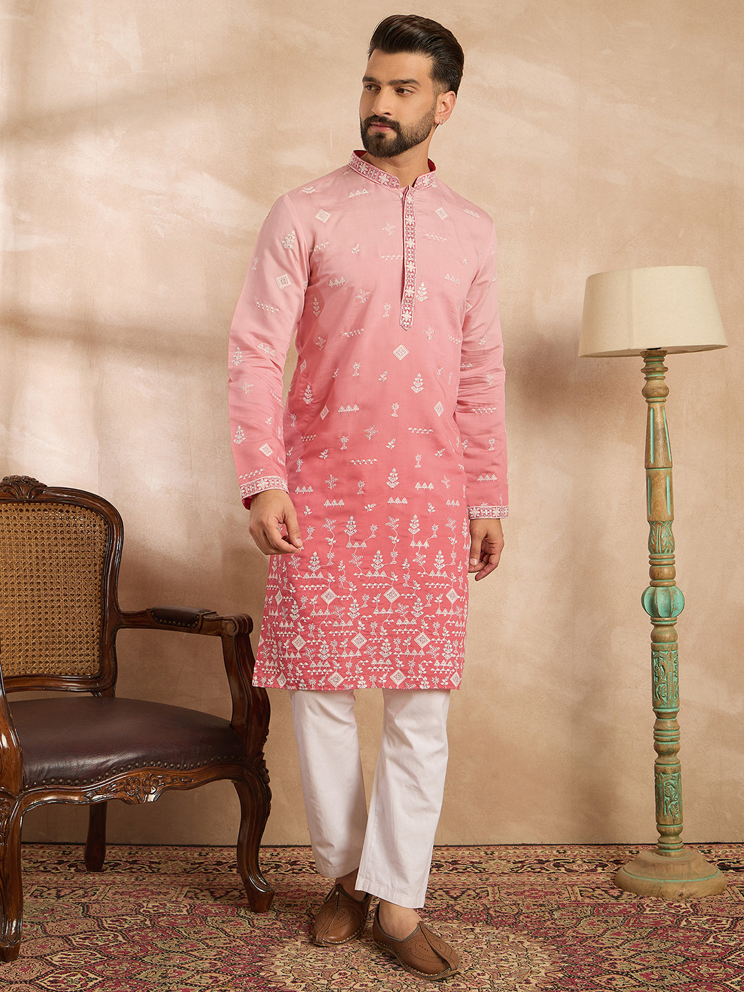 Men Pink Silk Blend Ombre Embroidered Straight Kurta Sets-MKSET1714