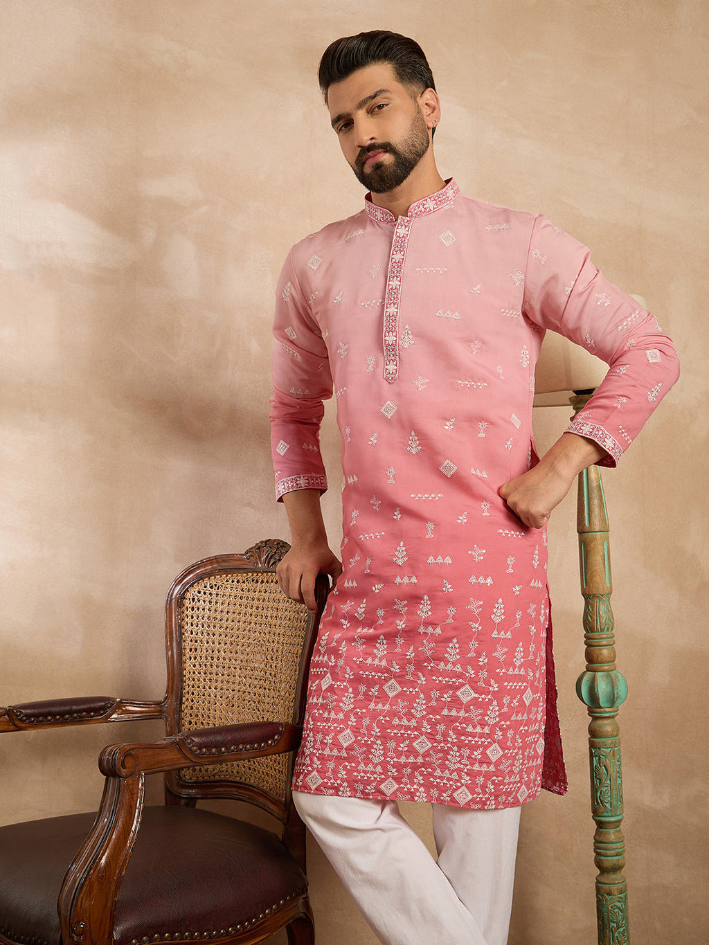 Men Pink Silk Blend Ombre Embroidered Straight Kurta Sets-MKSET1714