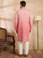 Men Pink Silk Blend Ombre Embroidered Straight Kurta Sets-MKSET1714