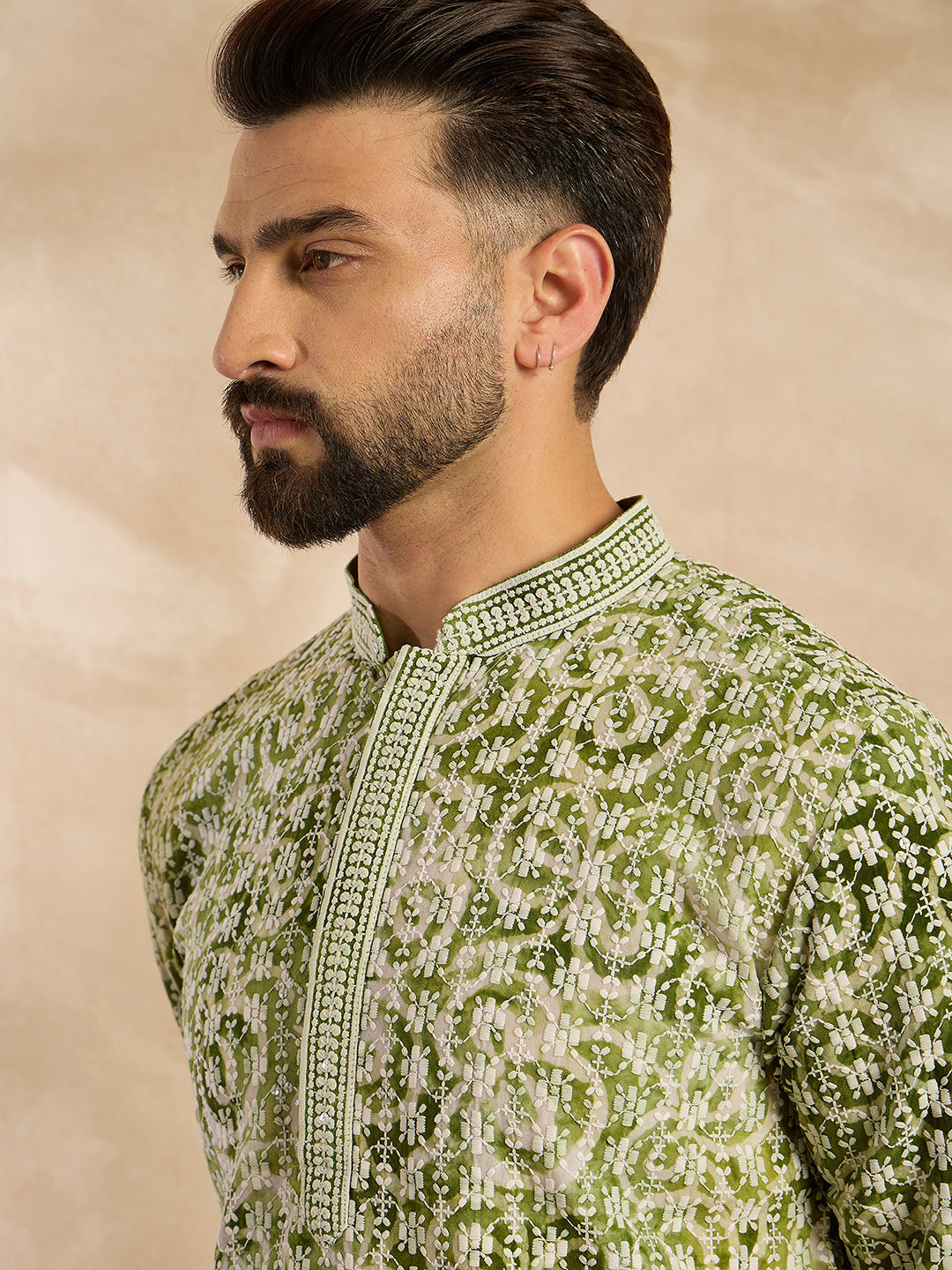 Men Green Viscose Rayon Batik Embroidered Straight Kurta Sets-MKSET1717