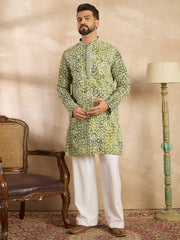 Men Green Viscose Rayon Batik Embroidered Straight Kurta Sets-MKSET1717