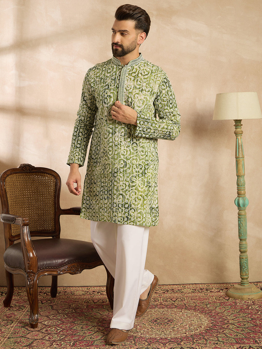 Men Green Viscose Rayon Batik Embroidered Straight Kurta Sets-MKSET1717