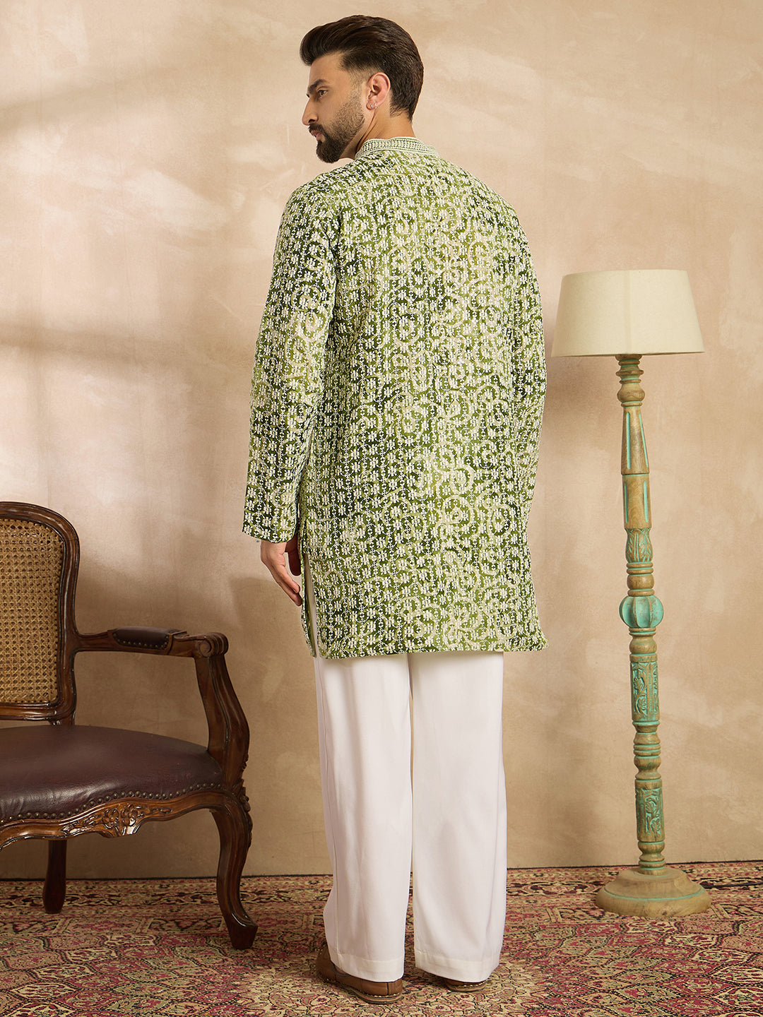 Men Green Viscose Rayon Batik Embroidered Straight Kurta Sets-MKSET1717