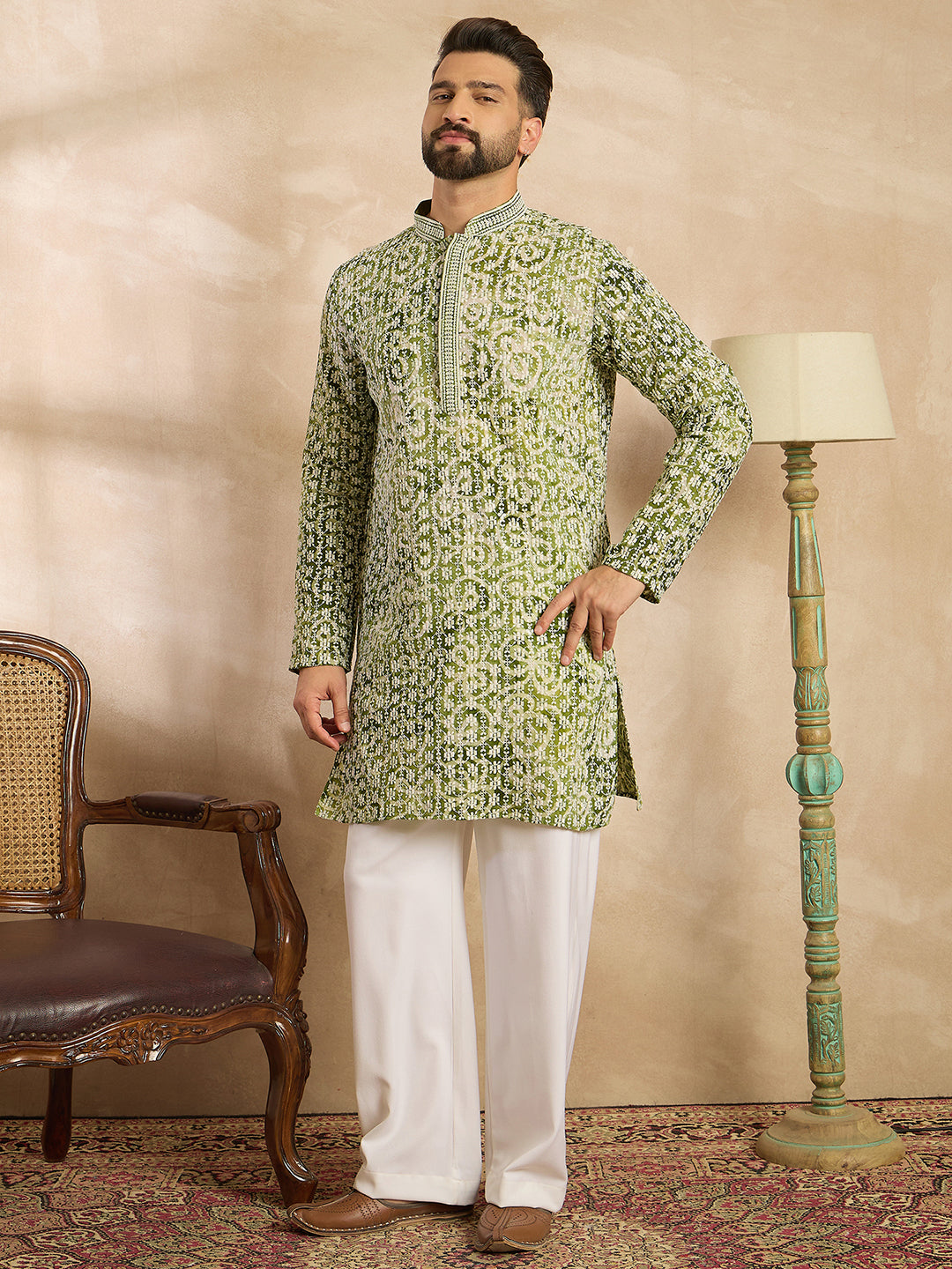 Men Green Viscose Rayon Batik Embroidered Straight Kurta Sets-MKSET1717