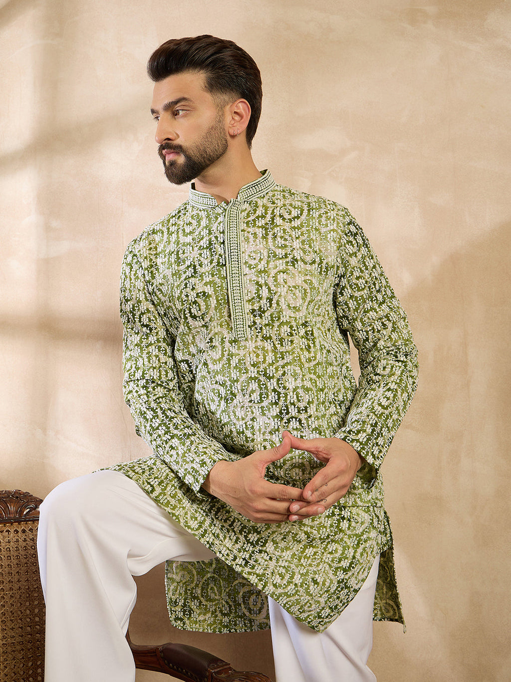 Men Green Viscose Rayon Batik Embroidered Straight Kurta Sets-MKSET1717