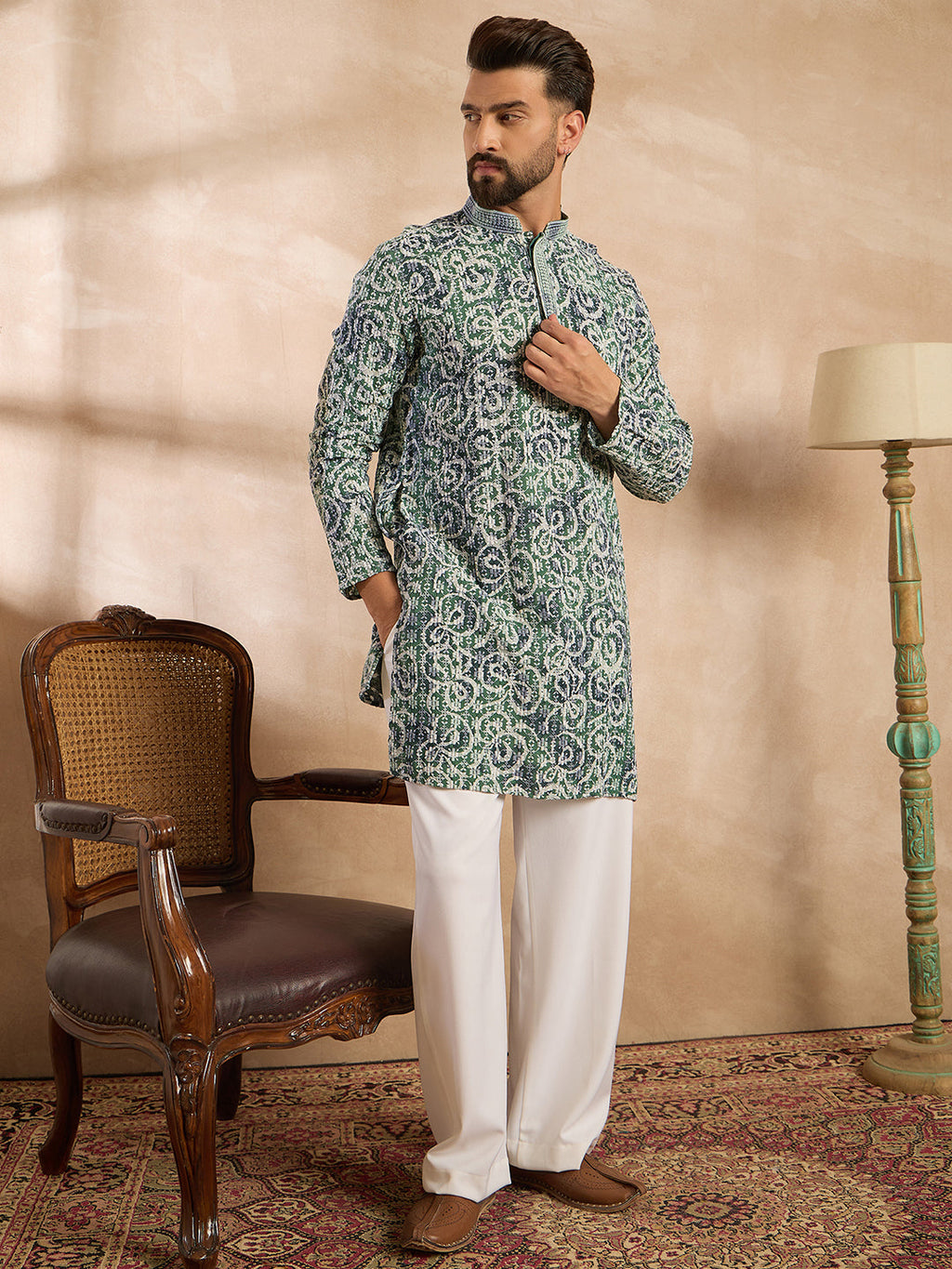 Men Green Viscose Rayon Batik Embroidered Straight Kurta Sets-MKSET1718