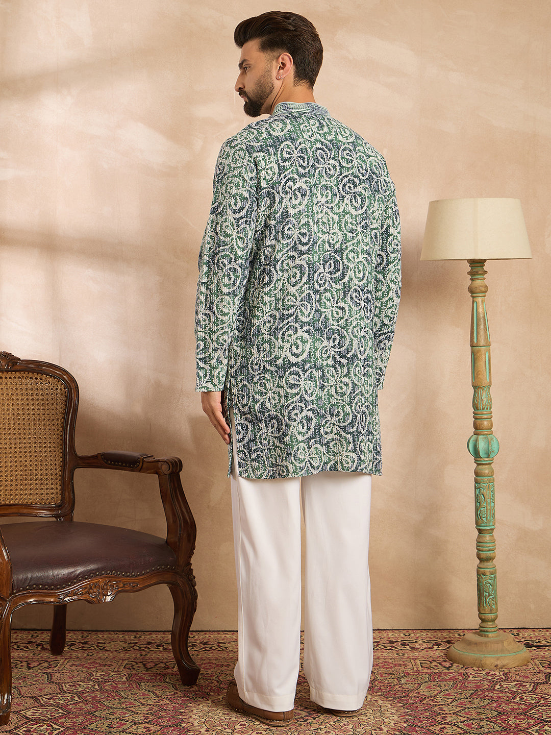 Men Green Viscose Rayon Batik Embroidered Straight Kurta Sets-MKSET1718