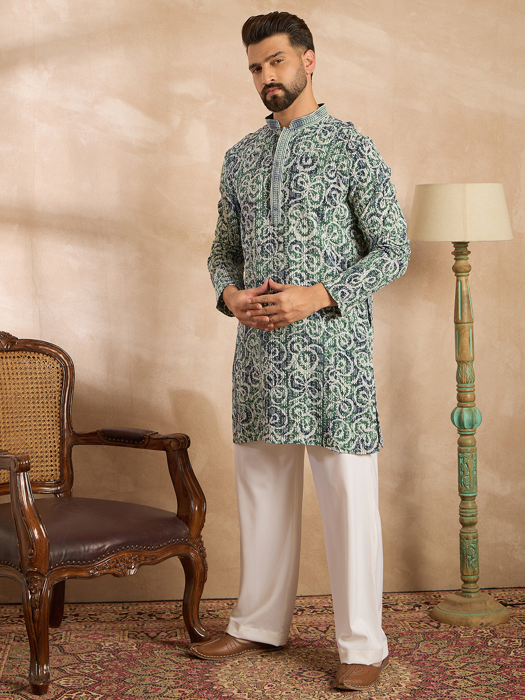 Men Green Viscose Rayon Batik Embroidered Straight Kurta Sets-MKSET1718