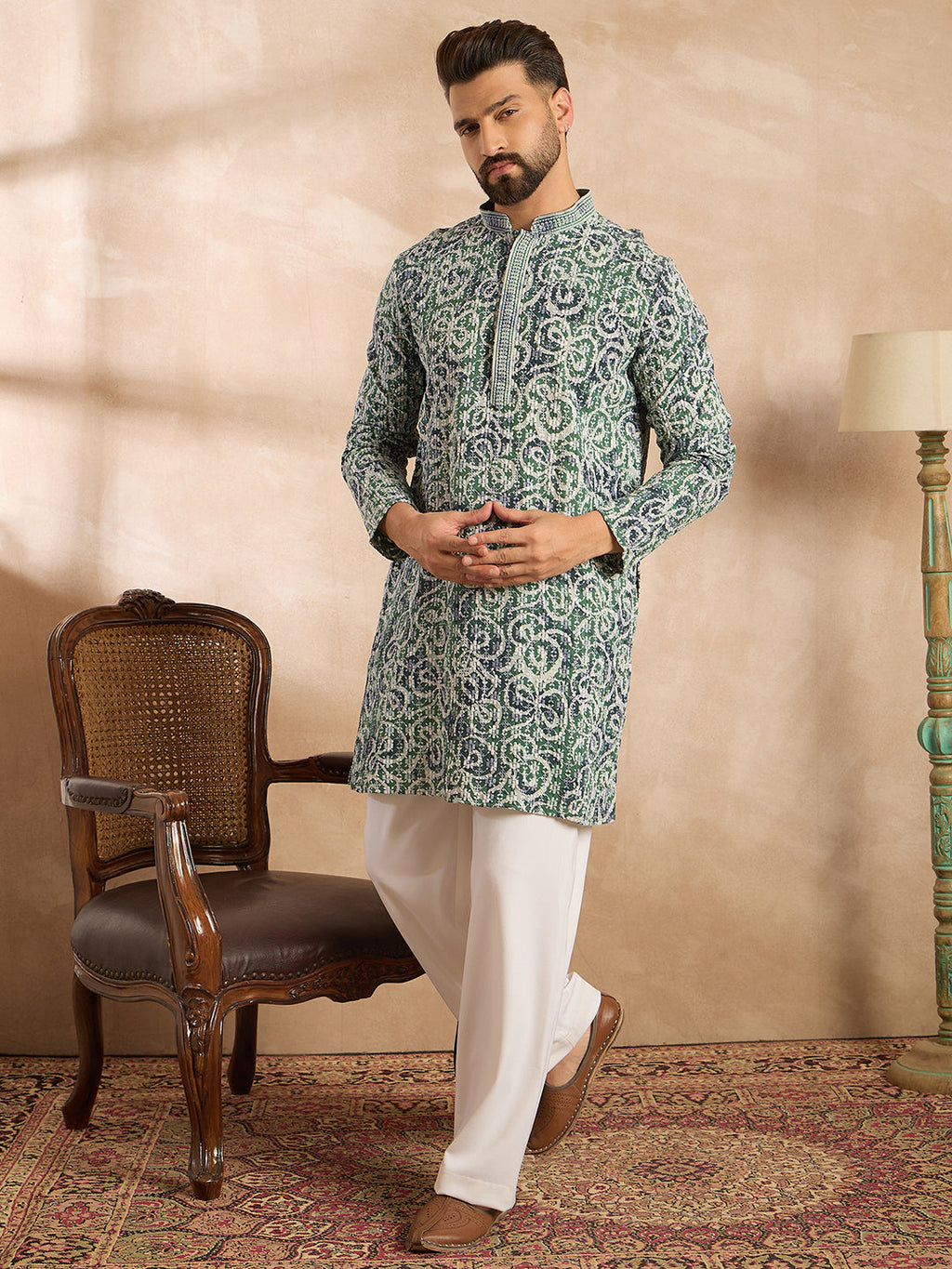 Men Green Viscose Rayon Batik Embroidered Straight Kurta Sets-MKSET1718