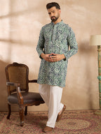 Men Green Viscose Rayon Batik Embroidered Straight Kurta Sets-MKSET1718