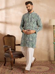 Men Green Viscose Rayon Batik Embroidered Straight Kurta Sets-MKSET1718