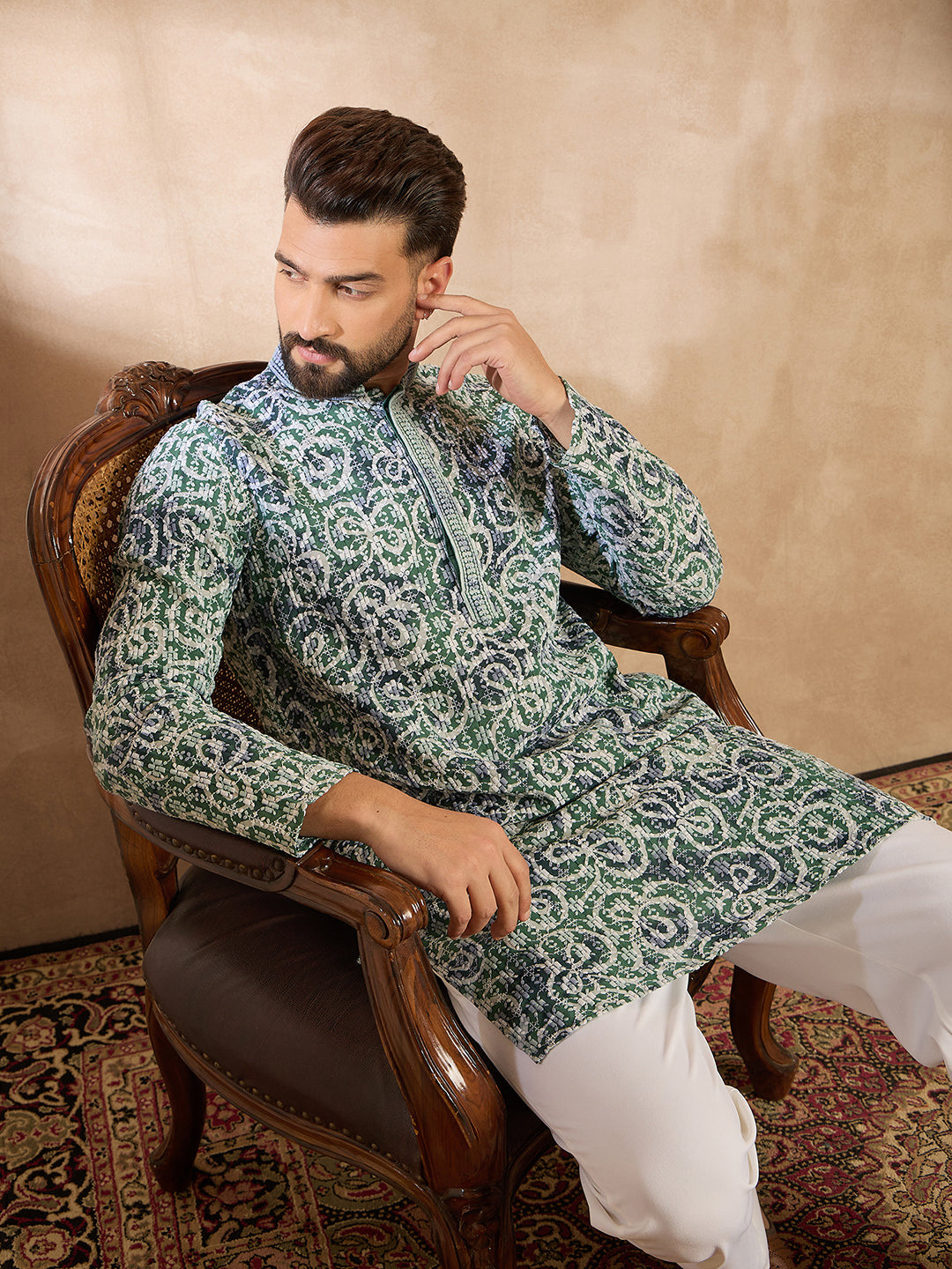 Men Green Viscose Rayon Batik Embroidered Straight Kurta Sets-MKSET1718