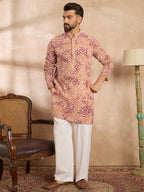 Men Orange Viscose Rayon Batik Embroidered Straight Kurta Sets-MKSET1719
