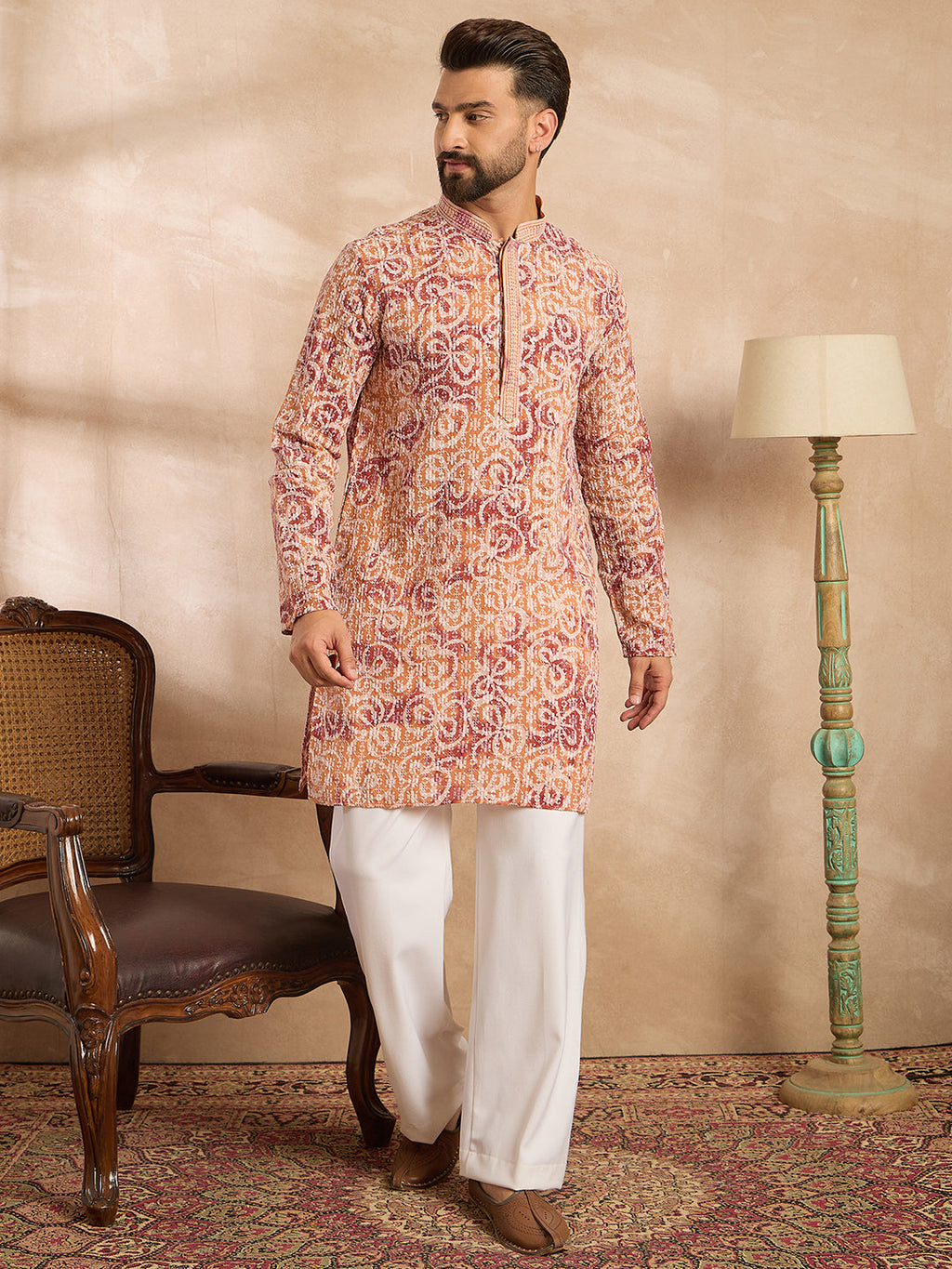Men Orange Viscose Rayon Batik Embroidered Straight Kurta Sets-MKSET1719