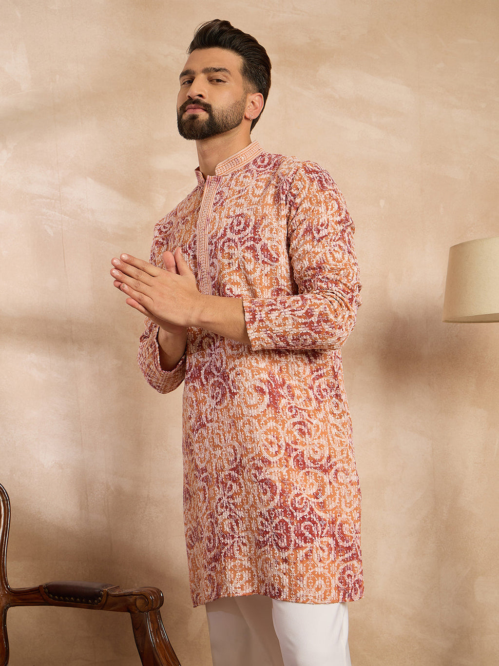 Men Orange Viscose Rayon Batik Embroidered Straight Kurta Sets-MKSET1719