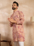 Men Orange Viscose Rayon Batik Embroidered Straight Kurta Sets-MKSET1719