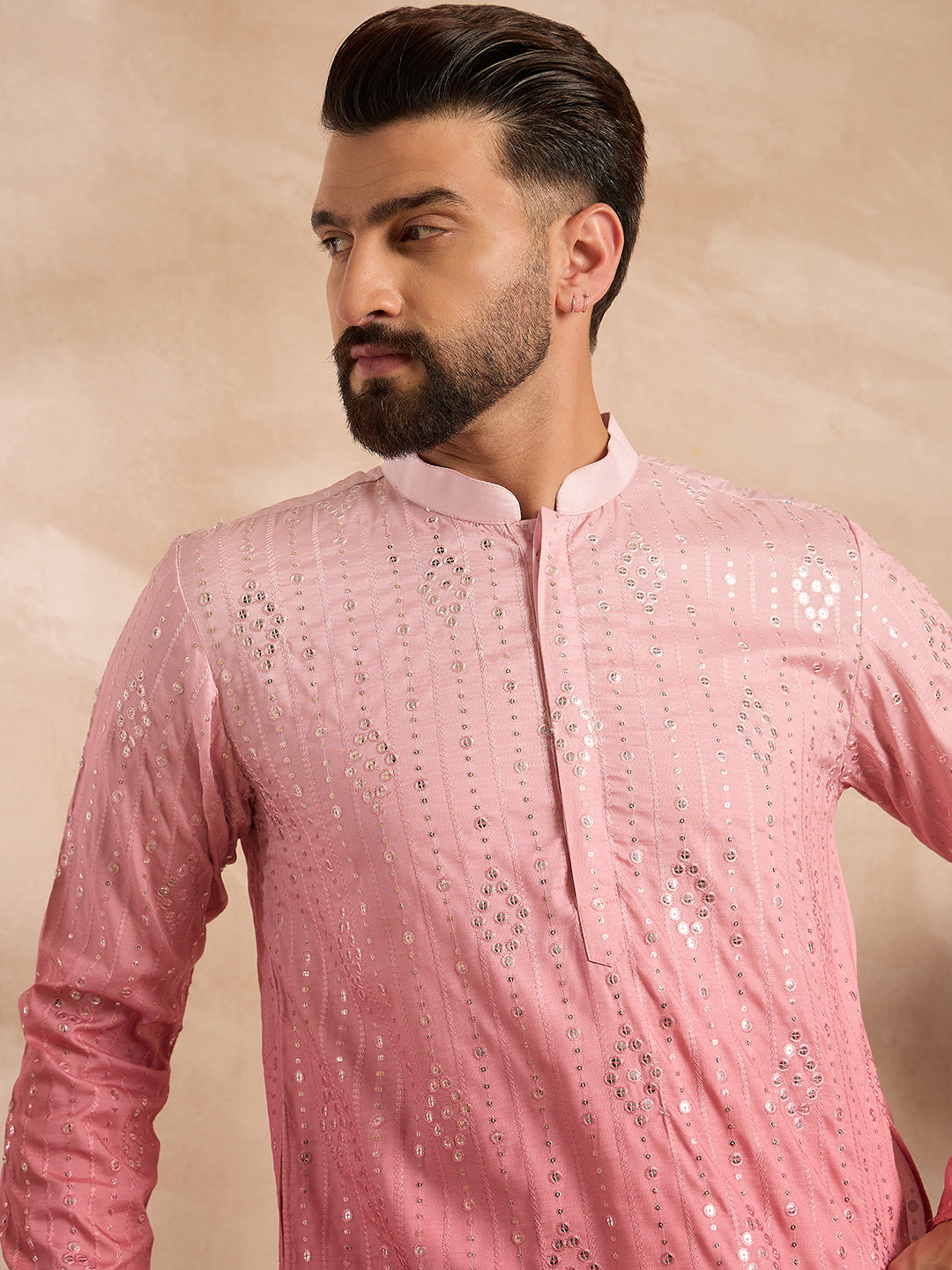 Men Pink Silk Blend Ombre Embroidered Straight Kurta Sets-MKSET1720
