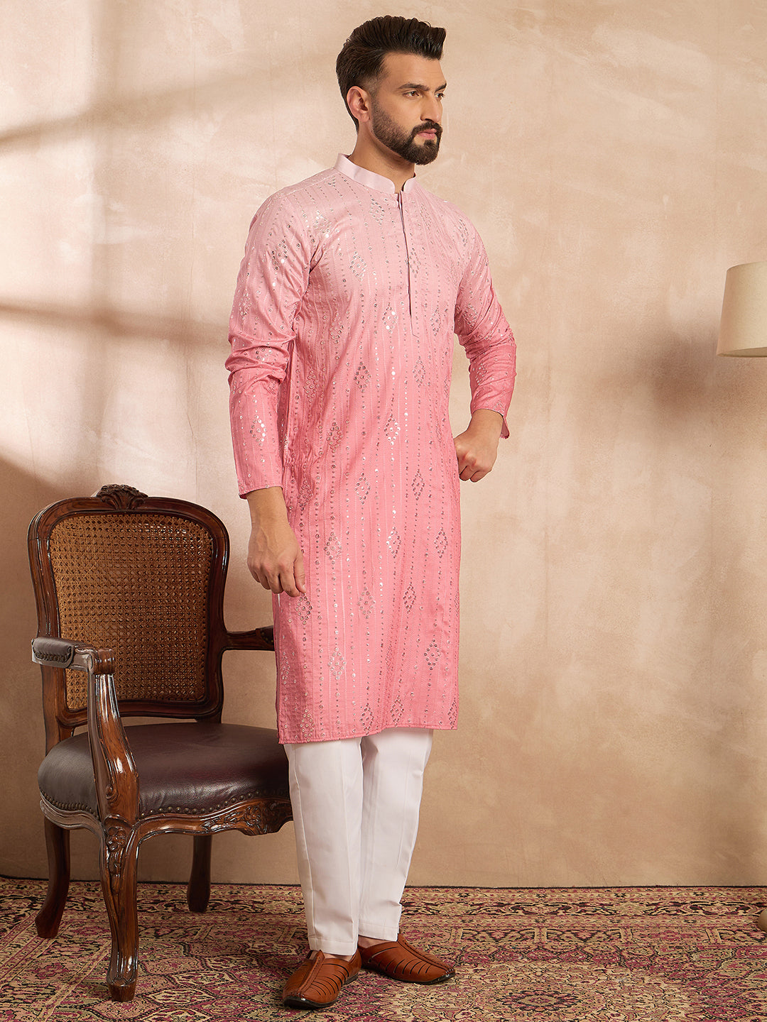 Men Pink Silk Blend Ombre Embroidered Straight Kurta Sets-MKSET1720